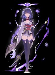 Rule 34 | 1girl, black background, braid, breasts, cleavage, closed mouth, expressionless, full body, genshin impact, highres, holding, holding polearm, holding weapon, japanese clothes, kimono, long hair, medium breasts, polearm, purple eyes, purple hair, purple kimono, raiden shogun, sketch, solo, thighhighs, weapon, yuuli (tuna221022)