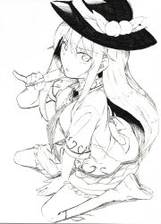Rule 34 | 1girl, absurdres, blouse, boots, eating, food, fruit, hat, highres, hinanawi tenshi, knee boots, long hair, monochrome, neck ribbon, neropaso, peach, pinky out, popsicle, ribbon, seiza, shirt, short sleeves, simple background, sitting, sketch, solo, touhou, very long hair, white background