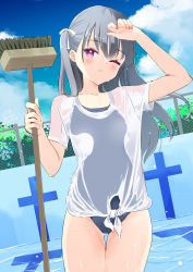 Rule 34 | arm up, black hair, blouse, blue one-piece swimsuit, blush, brush, cleaning brush, cloud, gluteal fold, haoriya chie (minidraco), highres, long hair, minidraco, no pants, one-piece swimsuit, one eye closed, original, outdoors, pink eyes, pool, ribbon, school swimsuit, see-through, shirt, short sleeves, side ponytail, sky, swimsuit, swimsuit under clothes, t-shirt, thigh gap, thighs, wet, wet clothes, wet shirt, white shirt