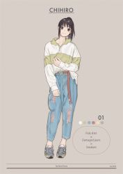 Rule 34 | 1girl, absurdres, adapted costume, alternate costume, black hair, casual, character name, color guide, denim, full body, head tilt, highres, jeans, looking at viewer, ogino chihiro, pants, pink background, ponytail, sen to chihiro no kamikakushi, shoes, simple background, sneakers, solo, torn clothes, torn pants, two-tone shirt, un (un0044)