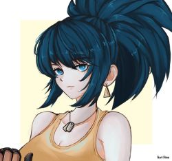 Rule 34 | 1girl, bare shoulders, blue eyes, blue hair, closed mouth, dog tags, earrings, gloves, ikari hime, jewelry, leona heidern, ponytail, simple background, sleeveless, solo, tank top, the king of fighters, the king of fighters xv, triangle earrings, yellow tank top