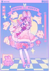 Rule 34 | 1girl, 2023, chinese clothes, chinese zodiac, commentary, dango, flower knot, food, full body, happy new year, headband, highres, new year, open mouth, original, pink eyes, pink hair, pink theme, rabbit girl, renzhi00334233, smile, solo, symbol-only commentary, wagashi, window (computing), year of the rabbit