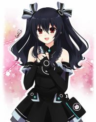 Rule 34 | bare shoulders, black hair, breasts, collar, dress, gloves, hair ornament, hairclip, happy, highres, long hair, nadekirby, nepnep connect: chaos chanpuru, neptune (series), open mouth, pink background, red eyes, skirt, small breasts, tsundere, twintails, two side up, uni (neptunia)