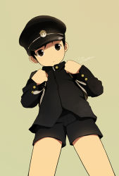 Rule 34 | 1boy, brown eyes, child, from below, hat, looking at viewer, male focus, mauveboy, noeyebrow (mauve), original, peaked cap, school uniform, short hair, shorts, signature, simple background, solo