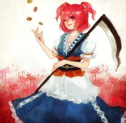Rule 34 | 1girl, bad id, bad pixiv id, blush, breasts, cleavage, coin, female focus, flower, gradient background, hair bobbles, hair ornament, japanese clothes, medium breasts, money, nature, onozuka komachi, plant, red eyes, red hair, scythe, short hair, skirt, smile, solo, spider lily, touhou, twintails, two side up, upper body, yujup