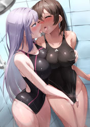 Rule 34 | 2girls, absurdres, after kiss, arurosu, asymmetrical docking, back cutout, black one-piece swimsuit, blue eyes, blush, grabbing another&#039;s breast, breast press, breasts, brown hair, closed eyes, clothing cutout, collarbone, competition swimsuit, cowboy shot, face-to-face, female focus, fingering, french kiss, grabbing, groin, groping, hand under clothes, hand under swimsuit, highres, indoors, kiss, large breasts, long hair, multiple girls, one-piece swimsuit, open mouth, original, purple hair, saliva, saliva trail, shiny clothes, shiny swimsuit, short hair, shower (place), shower head, showering, sidelocks, standing, swimsuit, tile wall, tiles, tongue, tongue out, wet, yuri