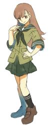 Rule 34 | 10s, 1girl, amamori kohan, brown eyes, brown hair, full body, green skirt, hand on own chest, kantai collection, loafers, long hair, looking away, ooi (kancolle), school uniform, serafuku, shoes, short sleeves, simple background, skirt, smile, solo, standing, white background