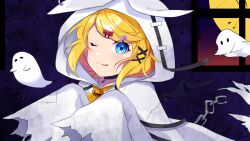 Rule 34 | 1girl, :3, blonde hair, blue eyes, blush, broken, broken chain, candy hair ornament, chain, choker, food-themed hair ornament, ghost, ghost costume, hair ornament, hairclip, halloween, hood, hood up, jack-o&#039;-lantern, kagamine rin, long sleeves, looking at viewer, moon, moso4hc, neckerchief, one eye closed, pendant choker, short hair, sleeves past fingers, sleeves past wrists, smile, solo, tongue, tongue out, vocaloid, window, x hair ornament