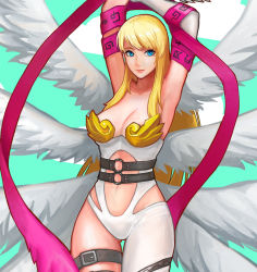 Rule 34 | 1girl, angewomon, areola slip, armpits, arms up, bare shoulders, bass386, blonde hair, blue eyes, breasts, cleavage, commentary request, digimon, digimon (creature), large breasts, long hair, looking at viewer, multiple wings, shiny skin, smile, solo, wings
