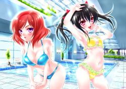Rule 34 | 10s, 2girls, arm up, armpits, bikini, black hair, blush, breasts, cleavage, highres, indoor pool, indoors, kurimuzon, large breasts, looking at viewer, love live!, love live! school idol project, multiple girls, navel, nishikino maki, o-ring, o-ring bottom, o-ring top, open mouth, pool, purple eyes, red eyes, red hair, short hair, small breasts, smile, swimsuit, twintails, yazawa nico