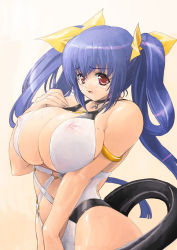 Rule 34 | 1girl, arc system works, bad anatomy, bad proportions, blue hair, blush, breasts, casual one-piece swimsuit, cleavage, dizzy (guilty gear), guilty gear, huge breasts, kiyama satoshi, one-piece swimsuit, poorly drawn, red eyes, ribbon, see-through, solo, swimsuit, tail