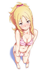 Rule 34 | 1girl, absurdres, bare arms, bare legs, barefoot, bikini, bikini pull, blonde hair, blush, bow, breasts, cleavage, clitoris, closed mouth, clothes pull, collarbone, drill hair, eromanga sensei, feet, female focus, from above, front-tie bikini top, front-tie top, full body, hair bow, halterneck, head tilt, highres, looking at viewer, navel, parted bangs, pink bikini, pointy ears, ponytail, pulling own clothes, purple eyes, pussy, pussy peek, shadow, side-tie bikini bottom, simple background, skindentation, solo, standing, string bikini, striped bikini, striped clothes, swimsuit, twin drills, wedgie, white background, yamada elf, yanagi hirohiko