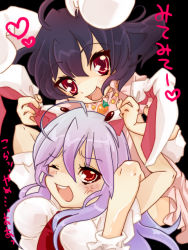 Rule 34 | 2girls, angry, animal ears, black hair, carrot, carrot necklace, grabbing another&#039;s ear, female focus, hand on another&#039;s ear, heart, inaba tewi, jewelry, momosuu, multiple girls, necklace, pendant, purple hair, rabbit ears, red eyes, reisen udongein inaba, sakurai momo (rabbit), touhou, translation request