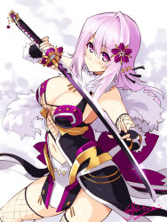 Rule 34 | 1girl, bare shoulders, blush, breasts, cleavage, cowboy shot, cu-no, fingerless gloves, fishnet thighhighs, fishnets, flower, from above, gloves, hair between eyes, hair flower, hair ornament, hisen kaede, holding, holding sword, holding weapon, katana, kikyou-0423, large breasts, long hair, looking at viewer, looking up, navel, pink eyes, pink hair, signature, smile, solo, standing, sword, thighhighs, unsheathed, weapon, yayoi sakura