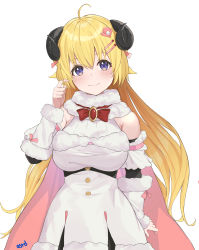 Rule 34 | 1girl, ahoge, animal ears, arm at side, asurada yui, bare shoulders, belt pouch, blonde hair, blush, bow, bowtie, breasts, brooch, cape, closed mouth, cowboy shot, curled horns, detached sleeves, dress, fur-trimmed cape, fur-trimmed dress, fur-trimmed sleeves, fur trim, hair between eyes, hair ornament, twirling hair, hairclip, half updo, hand up, head tilt, highres, hololive, horns, jewelry, large breasts, long hair, looking at viewer, miniskirt, pink cape, pouch, purple eyes, red bow, red bowtie, ribbed sleeves, sheep ears, sheep girl, sheep horns, short dress, signature, simple background, skirt, sleeveless, sleeveless dress, smile, solo, tareme, taut clothes, taut dress, tsunomaki watame, tsunomaki watame (1st costume), two-sided cape, two-sided fabric, very long hair, virtual youtuber, wavy hair, white background, white dress