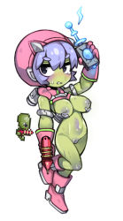 Rule 34 | 1girl, alien, arm up, black eyes, boots, breasts, cleft of venus, colored nipples, colored skin, creature and personification, energy gun, full body, gloves, green skin, gun, hair between eyes, holding, holding gun, holding weapon, inverted nipples, knee boots, large breasts, leg up, navel, nipples, no nose, nyong nyong, personification, pink footwear, pink gloves, purple hair, purple nipples, purple pussy, pussy, ray gun, reference inset, scutlix gunner (terraria), short hair, simple background, solo, terraria, uncensored, weapon, white background