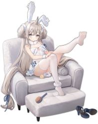 Rule 34 | 1girl, ahoge, animal ears, ankle scrunchie, artist request, azur lane, fake animal ears, grey eyes, hair ornament, hair scrunchie, hairclip, high heels, highres, leg up, leotard, looking at viewer, manjuu (azur lane), official alternate costume, official art, platinum blonde hair, playboy bunny, rabbit ears, scrunchie, sitting, thighhighs, transparent background, two side up, umikaze (azur lane), umikaze (soft and fluffy therapy) (azur lane), white leotard, white thighhighs