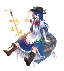 Rule 34 | 1girl, apron, black headwear, blue hair, blue skirt, boots, bow, bowtie, brown footwear, cross-laced footwear, food, frills, fruit, full body, hand on headwear, hat, highres, hinanawi tenshi, keystone, leaf, long hair, looking at viewer, neck ribbon, open mouth, peach, puffy short sleeves, puffy sleeves, rainbow order, red bow, red eyes, ribbon, rope, shimenawa, shirt, short sleeves, simple background, sitting, sitting on object, skirt, sword, sword of hisou, touhou, weapon, white background, white shirt, wing collar, yuzuhoge