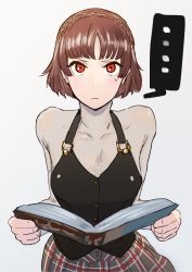 Rule 34 | ..., 1girl, blush, braid, breasts, brown hair, closed mouth, crown braid, highres, looking at viewer, niijima makoto, persona, persona 5, persona 5 the royal, plaid, plaid skirt, red eyes, riku (ukir125), school uniform, short hair, shuujin academy school uniform, simple background, skirt, solo, spoken ellipsis