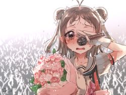 Rule 34 | 10s, 1girl, antenna hair, bad id, bad twitter id, bouquet, brown hair, commentary request, crying, crying with eyes open, double bun, flower, gradient background, hair bun, kantai collection, koruri, microphone, naka (kancolle), open mouth, short hair, short sleeves, solo, tears
