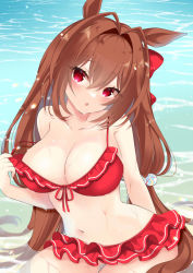 Rule 34 | 1girl, :o, animal ears, bikini, breasts, brown hair, cleavage, collarbone, daiwa scarlet (summer suit) (umamusume), daiwa scarlet (trifle vacation) (umamusume), daiwa scarlet (umamusume), hair intakes, hair ornament, highres, horse ears, horse girl, large breasts, long hair, looking at viewer, navel, open mouth, outdoors, partially submerged, red bikini, red eyes, solo, swimsuit, tosakaoil, twintails, umamusume, water