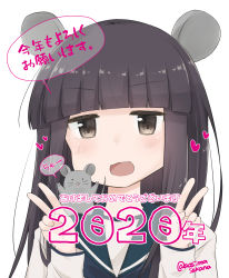Rule 34 | 1girl, 1other, 2020, akeome, animal, animal on shoulder, aoshima sakana, arm warmers, black hair, blue sailor collar, blunt bangs, brown eyes, chinese zodiac, double v, happy new year, hatsuyuki (kancolle), kantai collection, long hair, looking at viewer, mouse (animal), mouse on shoulder, new year, sailor collar, school uniform, serafuku, simple background, translation request, twitter username, upper body, v, white background, year of the rat