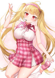 Rule 34 | 1girl, absurdres, ahoge, alternate breast size, alternate hairstyle, bare shoulders, blonde hair, blush, breasts, checkered clothes, checkered skirt, collared shirt, covered navel, deogho (liujinzy9854), hairband, head tilt, headset, high-waist skirt, highres, idol, jingburger, large breasts, leg warmers, long hair, looking at viewer, nail polish, neck ribbon, official alternate costume, pink footwear, pink hairband, pink nails, pink ribbon, pink skirt, plaid hairband, pleated skirt, red eyes, ribbon, shirt, skirt, sleeveless, sleeveless shirt, solo, twintails, underbust, very long hair, virtual youtuber, waktaverse, white shirt