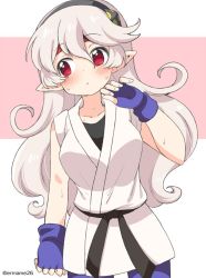 Rule 34 | 1girl, black hairband, blue gloves, closed mouth, corrin (female) (fire emblem), corrin (fire emblem), cosplay, eromame, fingerless gloves, fire emblem, fire emblem fates, gloves, hairband, headband, long hair, nintendo, pointy ears, red eyes, red headband, simple background, solo, twitter username, white hair