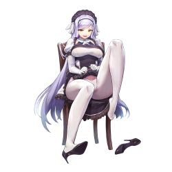 Rule 34 | 1girl, :p, black footwear, black lilith (last origin), breasts, chair, clothes lift, clothing cutout, convenient leg, dress, elbow gloves, full body, game cg, gloves, groin tendon, headband, high heels, highres, kakiman, knee up, large breasts, last origin, leg up, lifted by self, long hair, looking at viewer, maid, maid headdress, naughty face, official alternate costume, official art, open mouth, pantyhose, shoes, unworn shoes, single shoe, sitting, skirt, skirt lift, smile, solo, tachi-e, thighhighs, thighs, tongue, tongue out, transparent background, very long hair, white gloves, white pantyhose, white thighhighs, yellow eyes