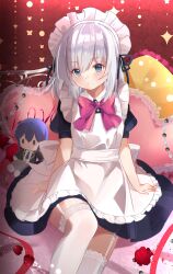 1girl bed blue_eyes blush date_a_live maid maid_headdress pantyhose short_hair solo tobiichi_origami white_hair