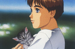 Rule 34 | 1990s (style), 1girl, artist request, blue eyes, blurry, blurry background, carrying, cat, closed eyes, holding, izumi noa, key visual, kidou keisatsu patlabor, official art, pet, promotional art, red hair, retro artstyle, scan, short hair, sleeping, traditional media