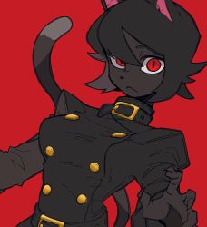 Rule 34 | 1girl, animal ears, black fur, black hair, bone nig, borrowed character, breasts, cat ears, cat girl, cat tail, flat color, frown, furry, furry female, high collar, highres, looking at viewer, original, red background, red eyes, simple background, slit pupils, solo, tail, yellow eyes