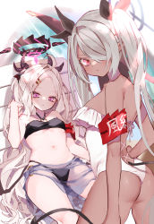 Rule 34 | 2girls, ahoge, armband, ass, bare shoulders, beach chair, bikini, black bikini, black halo, blue archive, breasts, commentary request, dark-skinned female, dark halo, dark skin, demon tail, grey hair, hair over one eye, halo, hand on own hip, highres, hina (blue archive), hinamori (18ar0), horns, iori (blue archive), long hair, looking at viewer, medium breasts, multiple girls, navel, one-piece swimsuit, parted bangs, purple eyes, red eyes, sarong, sitting, small breasts, standing, stomach, swimsuit, tail, twintails, underboob, very long hair, white hair, white one-piece swimsuit