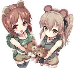 Rule 34 | 2girls, animal ears, backpack, bag, bandages, bandaid, bear ears, bear tail, belt, black choker, black gloves, black legwear, black ribbon, blush, boko (girls und panzer), brown eyes, brown hair, brown shorts, camouflage, camouflage shirt, carrying, choker, closed mouth, commentary, dog tags, fake animal ears, fake tail, fingerless gloves, girls und panzer, gloves, green shirt, grey belt, grey jacket, hair ribbon, highres, holding, holding stuffed toy, jacket, kasai shin, light blush, light brown hair, long hair, looking at viewer, midriff, multiple girls, navel, nishizumi miho, one side up, open mouth, pouch, ribbon, shimada arisu, shirt, short hair, short shorts, shorts, side-by-side, simple background, sleeveless, sleeveless jacket, smile, standing, stuffed animal, stuffed toy, symbol-only commentary, tail, tank top, teddy bear, thigh strap, thighhighs, throat microphone, white background, white legwear, white shirt