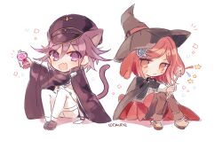 Rule 34 | 1boy, 1girl, animal ears, artist name, bad id, bad twitter id, belt, belt buckle, black cape, black cloak, black footwear, black hat, black jacket, black pantyhose, black ribbon, black scarf, black sleeves, blazer, bottle, brown eyes, brown footwear, buckle, buttons, cape, cat ears, checkered clothes, checkered scarf, cloak, commentary, dalrye v3, danganronpa (series), danganronpa v3: killing harmony, deformed, fang, footwear ribbon, gem hair ornament, grey vest, hair between eyes, hat, holding, holding bottle, holding staff, jacket, kemonomimi mode, knees up, leg belt, light blush, long sleeves, looking at viewer, medium hair, miniskirt, neck ribbon, notice lines, oma kokichi, open belt, open clothes, open jacket, open mouth, outstretched arm, pants, pantyhose, peaked cap, pleated skirt, pointy footwear, purple eyes, purple hair, red cape, red hair, red skirt, ribbon, scarf, shadow, shoes, short hair, simple background, sitting, skin fang, skirt, smile, soda bottle, sparkle, staff, star (symbol), sweatdrop, symbol-only commentary, two-sided cape, two-sided fabric, two-tone scarf, v-shaped eyebrows, vest, white background, white belt, white jacket, white pants, white ribbon, white scarf, witch hat, yumeno himiko