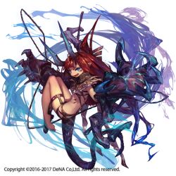 1girl barefoot blue_eyes blue_horns claws copyright_notice dragon floating full_body horns long_hair looking_at_viewer looking_back noire_(othellonia) official_art othellonia pointy_ears red_hair so-taro solo thigh_strap