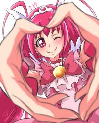 Rule 34 | 10s, 1girl, antenna hair, blush, bow, brooch, chocokin, choker, cowboy shot, cure happy, dated, heart, heart hands, hoshizora miyuki, jewelry, long hair, looking at viewer, magical girl, one eye closed, pink bow, pink eyes, pink hair, pink theme, precure, signature, smile, smile precure!, solo, tiara, white background, wrist cuffs