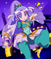 Rule 34 | 10s, 1girl, alternate form, anklet, arabian, arabian clothes, bracelet, brooch, choker, cure fortune, cure fortune (pine arabian), happinesscharge precure!, headdress, heart, heart brooch, high heels, highres, hikawa iona, instrument, jewelry, long hair, lots of jewelry, magical girl, pants, ponytail, precure, purple background, purple eyes, purple hair, purple theme, ring, smile, solo, standing, standing on one leg, tambourine, very long hair, watosonshi, wide ponytail
