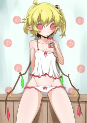 Rule 34 | 1girl, arm behind back, artist name, blonde hair, blush stickers, bow, bow panties, shirt bow, camisole, commentary request, cowboy shot, crotch seam, crystal, drinking, flandre scarlet, frilled panties, frilled shirt collar, frills, groin, hair ornament, holding, indoors, juice box, looking at viewer, lowleg, lowleg panties, midriff, navel, one side up, panties, partial commentary, pointy ears, red eyes, shadow, shirt, shirt bow, short hair, sitting, skull hair ornament, solo, strap slip, touhou, twitter username, underwear, underwear only, white panties, white shirt, wings, zannen na hito