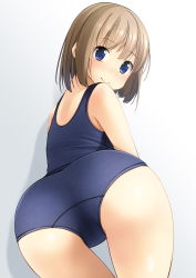 Rule 34 | 1girl, ass, bare shoulders, blue eyes, bob cut, brown hair, closed mouth, commentary request, from behind, gradient background, grey background, highres, looking at viewer, looking back, old school swimsuit, one-piece swimsuit, original, school swimsuit, shibacha, smile, solo, swimsuit, white background