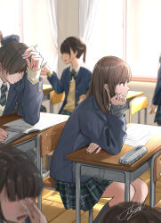 Rule 34 | 1boy, 3girls, 3others, :d, :|, black hair, blazer, blunt bangs, blurry, blurry background, blurry foreground, book, bow, bowtie, brown eyes, brown hair, classroom, closed mouth, collared shirt, curtains, desk, eraser, from side, hand on own chin, hand to own mouth, highres, holding, holding pencil, indoors, jacket, long hair, long sleeves, looking ahead, looking down, looking to the side, multiple girls, multiple others, necktie, open book, open mouth, original, pencil, pleated skirt, school desk, school uniform, shirt, short hair, sitting, skirt, smile, solo focus, soragane (banisinngurei), sweater vest, thighhighs, thighs, uniform, white shirt, window, wooden floor, yellow sweater vest