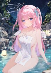 Rule 34 | 1girl, absurdres, angel, angel wings, blush, breasts, commission, covering privates, highres, indie virtual youtuber, large breasts, long hair, looking at viewer, mashiro mayu, medium breasts, naked towel, night, night sky, nude, nude cover, onsen, pink hair, pixiv commission, purple eyes, rock, sky, smile, solo, star (sky), towel, virtual youtuber, wading, water, wet, white wings, wings, ymkrnchan