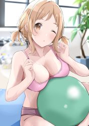 Rule 34 | 1girl, ;o, absurdres, ball, blush, bra, breasts, cleavage, collarbone, dumbbell, exercise ball, gym, highres, idolmaster, idolmaster shiny colors, indoors, light brown hair, looking at viewer, mat, medium breasts, one eye closed, pink bra, plant, sakuragi mano, short twintails, solo, sports bra, sweatdrop, tukikataumemo, twintails, underwear
