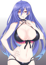 Rule 34 | 1girl, blue hair, blush, breasts, choker, hair over one eye, hand on own hip, highres, iris heart, kami jigen game neptune v, large breasts, long hair, looking at viewer, navel, neptune (series), paid reward available, pink eyes, power symbol, power symbol-shaped pupils, pururut, smile, solo, swimsuit, symbol-shaped pupils, very long hair, zatsu