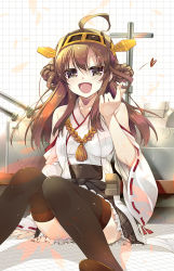 Rule 34 | 10s, 1girl, :d, ahoge, akahito, bad id, bad pixiv id, bare shoulders, blush, brown hair, detached sleeves, hair ornament, hairband, headgear, japanese clothes, kantai collection, kongou (kancolle), long hair, open mouth, ribbon-trimmed sleeves, ribbon trim, skirt, smile, solo, thighhighs, wide sleeves