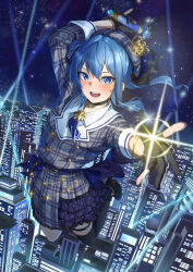 Rule 34 | 1girl, absurdres, asymmetrical legwear, belt, beret, black gloves, black thighhighs, blue belt, blue bow, blue eyes, blue hair, blue necktie, blue ribbon, blush, bow, bow skirt, breasts, brooch, buttons, chakuma (yiyh1468), choker, city, cityscape, collared shirt, crown, double-breasted, frilled skirt, frills, gloves, grey hat, grey jacket, grey skirt, hair between eyes, hair ribbon, hat, highres, holding, holding microphone, hololive, hoshimachi suisei, hoshimachi suisei (1st costume), jacket, jewelry, kneehighs, layered skirt, looking at viewer, medium breasts, medium hair, microphone, miniskirt, mismatched legwear, necktie, night, night sky, open mouth, outdoors, partially fingerless gloves, plaid, plaid headwear, plaid jacket, plaid skirt, pleated skirt, ribbon, shirt, side ponytail, single kneehigh, single sock, single thighhigh, skirt, skirt set, sky, sleeve cuffs, sleeves past elbows, smile, socks, solo, star (sky), star (symbol), star brooch, star choker, star in eye, starry sky, symbol in eye, thigh strap, thighhighs, uneven legwear, virtual youtuber, white shirt