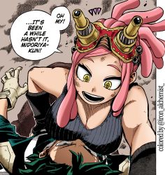 Rule 34 | 1boy, 1girl, artist name, bare shoulders, boku no hero academia, breast smother, breasts, cleavage, colorized, determined, dreadlocks, english text, face to breasts, fallen down, gloves, goggles, green eyes, green hair, hatsume mei, highres, horikoshi kouhei, iron alchemist, large breasts, long hair, looking at another, looking down, lying, midoriya izuku, on back, open mouth, pink hair, serious, sleeveless, smile, smoke, speech bubble, symbol-shaped pupils, tank top, third-party edit, unusual pupils, yellow eyes