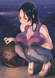 Rule 34 | 1girl, bare shoulders, blush, bra visible through clothes, breasts, cleavage, collarbone, contemporary, fate/grand order, fate (series), feet, fireworks, high heels, highres, large breasts, long hair, mhk (mechamania), minamoto no raikou (fate), parted bangs, platform footwear, purple eyes, purple hair, sandals, see-through, smile, solo, sparkler, squatting, toes, very long hair