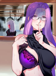 Rule 34 | 2girls, apron, bare shoulders, window blinds, blouse, blush, bra, breasts, cleavage, clothes lift, commentary, cooking oil, dark persona, dark sakura, dress, eyes visible through hair, eyewear visible through hair, fate/stay night, fate (series), finger to mouth, frying pan, glasses, hair ribbon, indoors, kitchen, lace, lace-trimmed bra, lace trim, ladle, large breasts, long hair, looking at viewer, matou sakura, medusa (fate), medusa (rider) (fate), multiple girls, narrowed eyes, negresco, nervous, parted lips, pink shirt, purple bra, purple eyes, purple hair, red ribbon, ribbon, shirt, shirt lift, sleeveless, sleeveless sweater, smoke, spatula, square pupils, striped, sweat, sweater, nervous sweating, tongs, turtleneck, turtleneck sweater, underwear, white hair