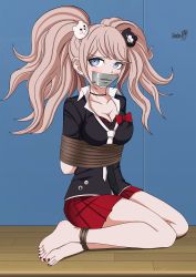 Rule 34 | 1girl, absurdres, arms behind back, barefoot, bdsm, blue eyes, bondage, bound, bound ankles, bound arms, breasts, cleavage, collarbone, danganronpa (series), enoshima junko, gag, gagged, highres, improvised gag, legs, miniskirt, nail polish, necktie, pink hair, red skirt, school uniform, shadow xcp, skirt, tape, tape gag, thighs, toenail polish, toenails, twintails